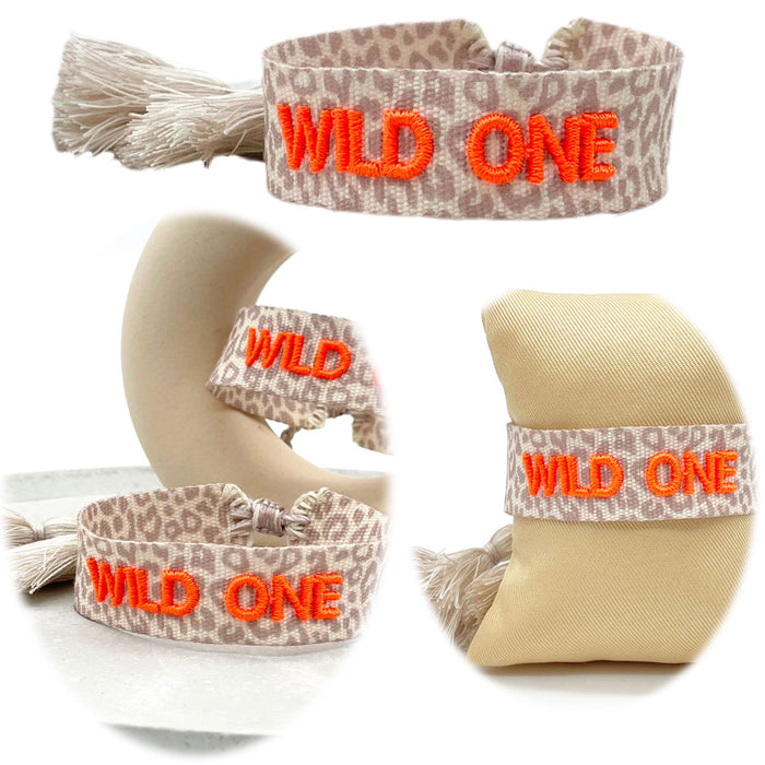 KI-generiertes Bild Canvas Statement Armband Leo Wild One Leopard Orange Quasten besticktes Webarmband