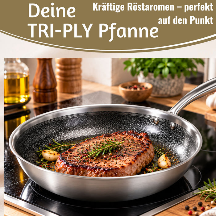 KI-generiertes Bild,TRI-PLY Edelstahlpfanne Unbeschichtet Bratpfanne Pfanne für alle Herdarten