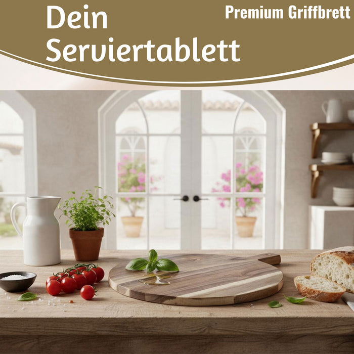 KI-generiertes Bild,Mango Holz Schneidebrett 40cm Griff Rund Vesperbrett Tranchierbrett Massiv