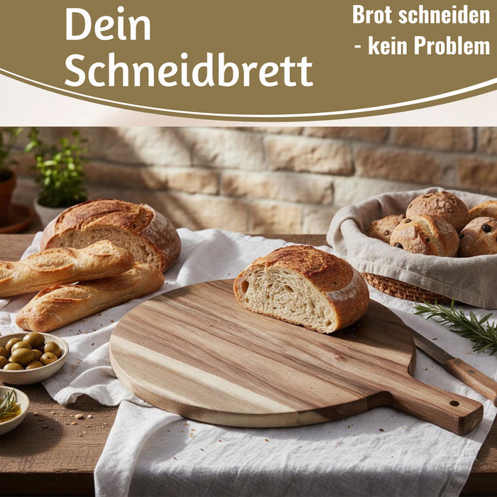 KI-generiertes Bild,Mango Holz Schneidebrett 40cm Griff Rund Vesperbrett Tranchierbrett Massiv