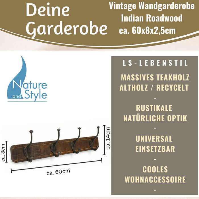 KI-generiertes Bild,Vintage Teak Holz Wandgarderobe 60cm 4/8 Haken Jackenhalter Braun Garderobenleiste