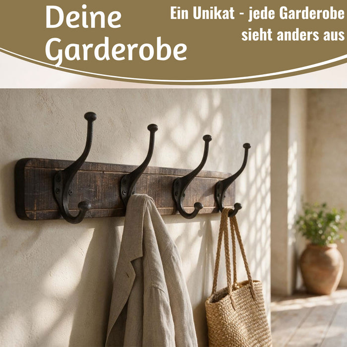 KI-generiertes Bild,Vintage Teak Holz Wandgarderobe 60cm 4/8 Haken Jackenhalter Braun Garderobenleiste