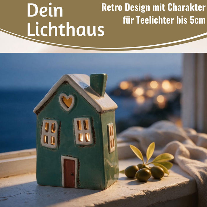 KI-generiertes Bild,Teelichthaus Lichterhaus Nyhavn 18cm Grün Weiß Herz Keramik Fachwerkhaus Teelichthalter