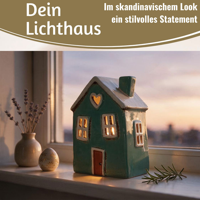 KI-generiertes Bild,Teelichthaus Lichterhaus Nyhavn 18cm Grün Weiß Herz Keramik Fachwerkhaus Teelichthalter