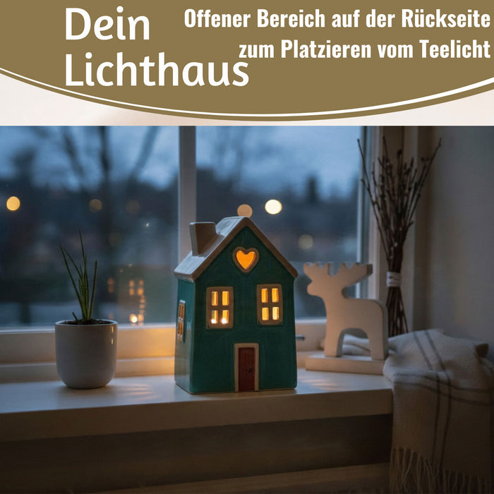 KI-generiertes Bild,Teelichthaus Lichterhaus Nyhavn 18cm Grün Weiß Herz Keramik Fachwerkhaus Teelichthalter