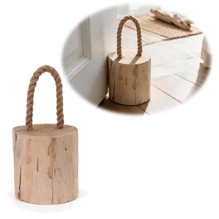 KI-generiertes Bild Boden Türstopper Oslo 15cm FSC Teak Holz 1,5kg Jute Tragegriff Türpuffer Türhalter