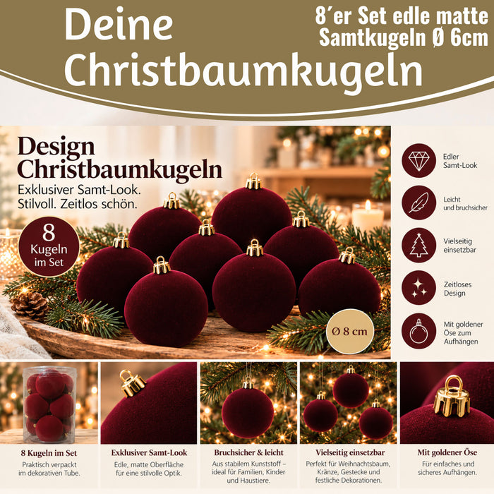 KI-generiertes Bild,8 XL Design Weihnachtskugeln 8cm Samt Bordeaux Rot Kunststoff Baumkugel Deko
