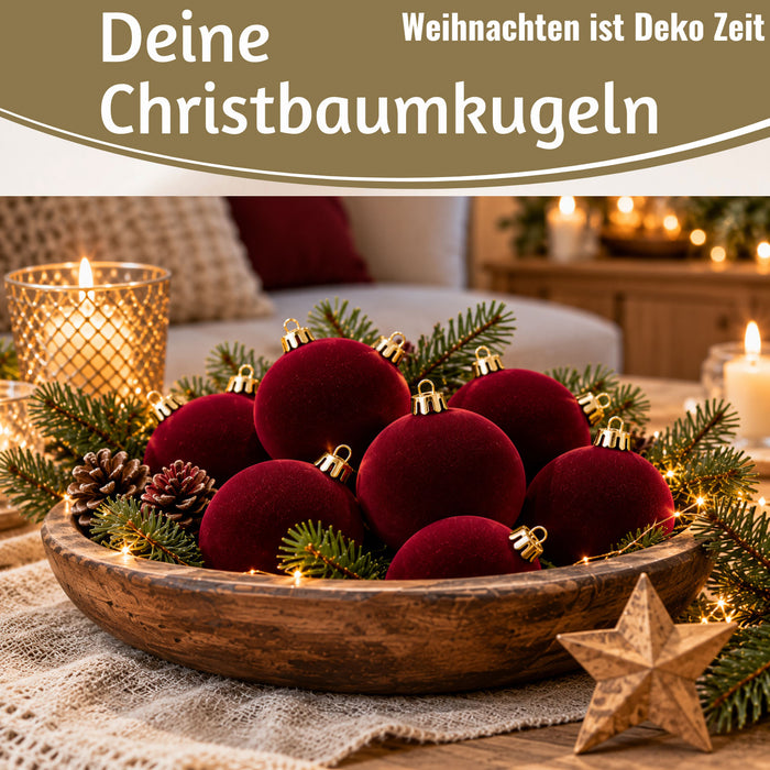 KI-generiertes Bild,8 XL Design Weihnachtskugeln 8cm Samt Bordeaux Rot Kunststoff Baumkugel Deko