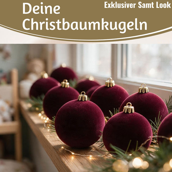 KI-generiertes Bild,8 XL Design Weihnachtskugeln 8cm Samt Bordeaux Rot Kunststoff Baumkugel Deko