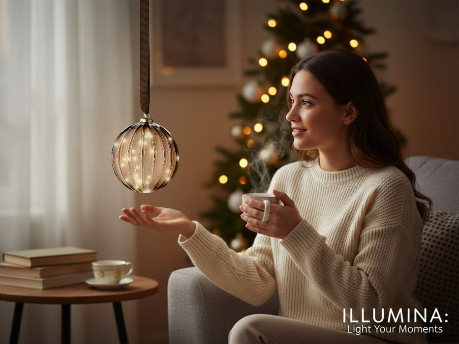 KI-generiertes Bild,XL Deko Glas Lichtkugel 30LED 14cm Gold Braun Glaskugel Timer Batterie Anhängen