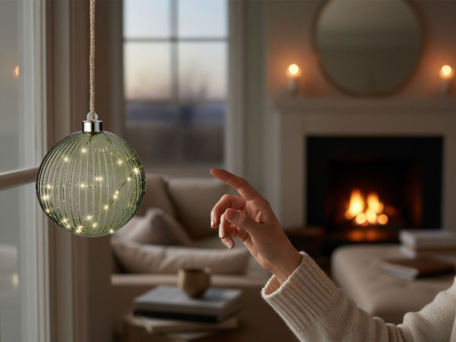 KI-generiertes Bild,XL Deko Glas Lichtkugel 30LED 14cm Grün Silber Glaskugel Timer Batterie Anhängen