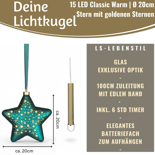 KI-generiertes Bild,XL Deko Glas Lichtkugel 15LED 15cm Herz Petrol Gold Sterne Timer Batterie Anhängen
