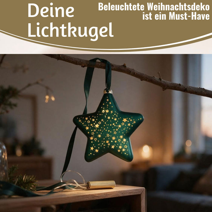 KI-generiertes Bild,XL Deko Glas Lichtkugel 15LED 15cm Herz Petrol Gold Sterne Timer Batterie Anhängen