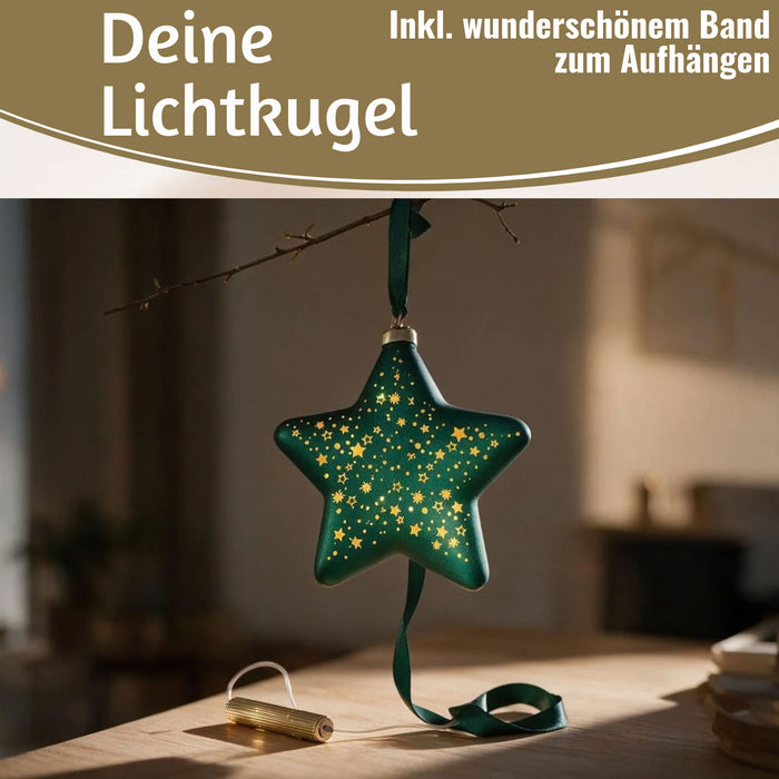 KI-generiertes Bild,XL Deko Glas Lichtkugel 15LED 15cm Herz Petrol Gold Sterne Timer Batterie Anhängen