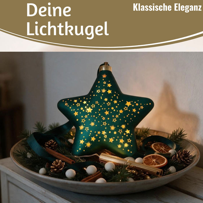 KI-generiertes Bild,XL Deko Glas Lichtkugel 15LED 15cm Herz Petrol Gold Sterne Timer Batterie Anhängen