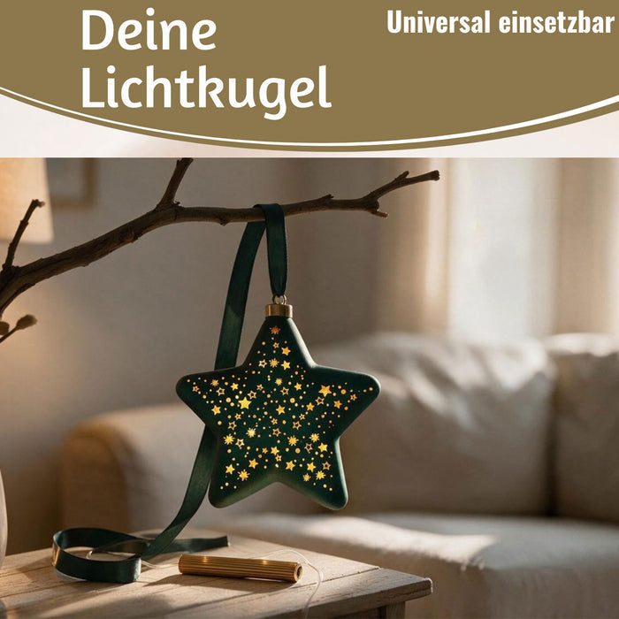 KI-generiertes Bild,XL Deko Glas Lichtkugel 15LED 15cm Herz Petrol Gold Sterne Timer Batterie Anhängen