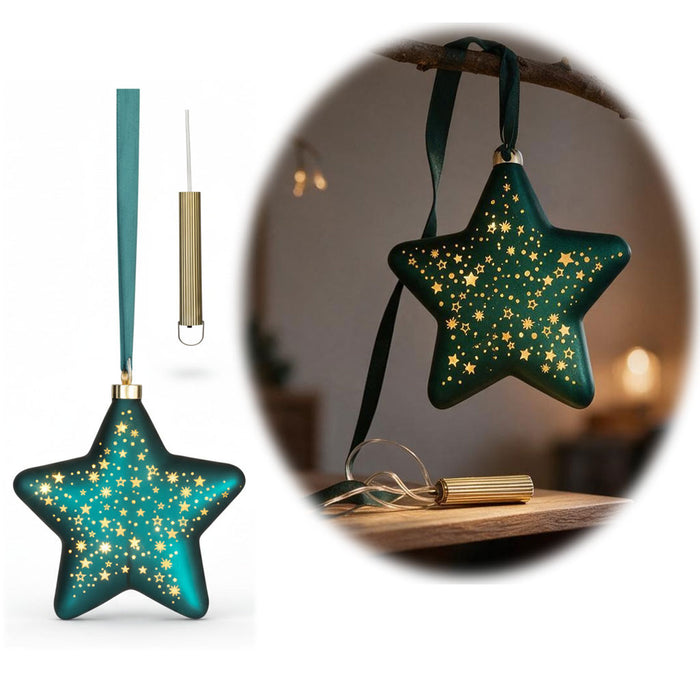 KI-generiertes Bild Deko Glas Lichtkugel 15LED 20cm Stern Petrol Gold Glaskugel Timer Batterie Anhängen