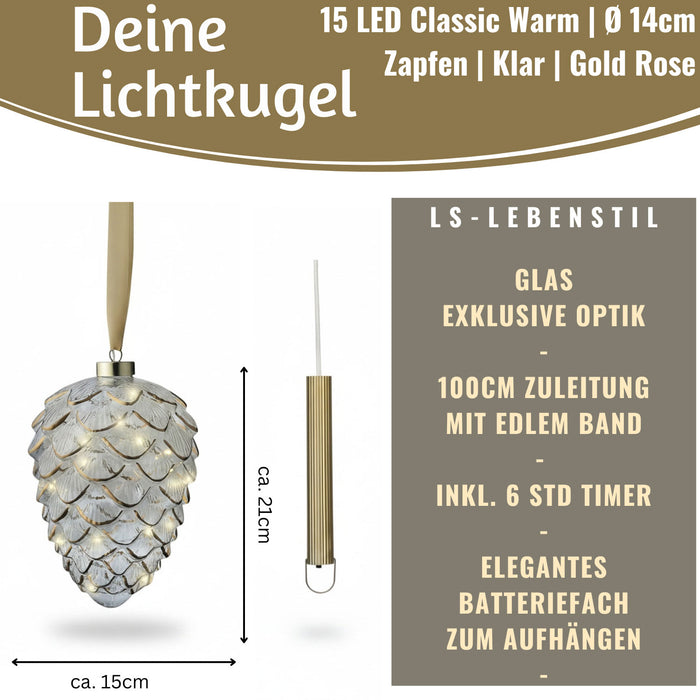 KI-generiertes Bild,XL Deko Glas Lichtkugel 15 LED 21cm Zapfen Klar Gold Timer Batterie Gold zum Anhängen