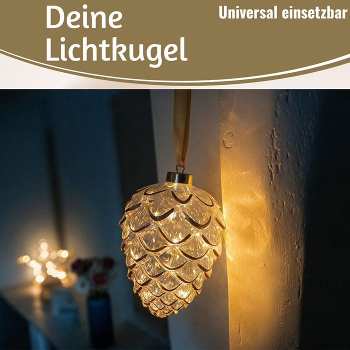 KI-generiertes Bild,XL Deko Glas Lichtkugel 15 LED 21cm Zapfen Klar Gold Timer Batterie Gold zum Anhängen