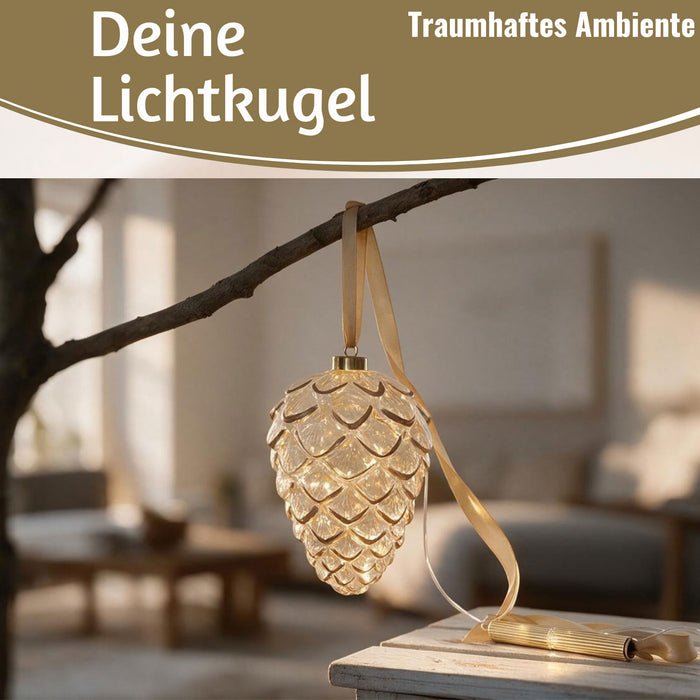 KI-generiertes Bild,XL Deko Glas Lichtkugel 15 LED 21cm Zapfen Klar Gold Timer Batterie Gold zum Anhängen