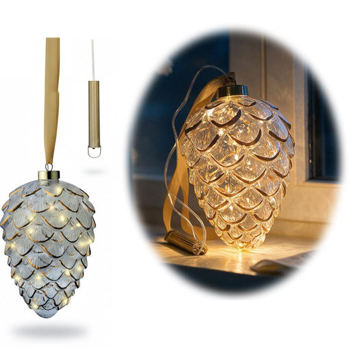 KI-generiertes Bild XL Deko Glas Lichtkugel 15 LED 21cm Zapfen Klar Rose Gold Timer Batterie Gold zum Anhängen