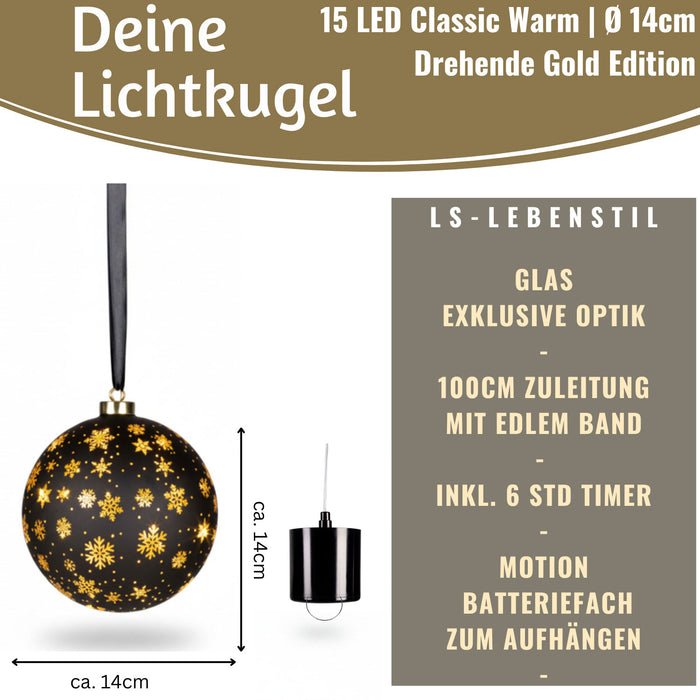 KI-generiertes Bild,XL Deko Glas Lichtkugel 15LED 14cm Gold drehbar Timer Batterie Anhängen