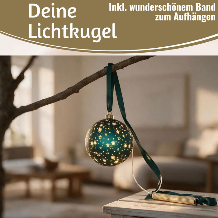 KI-generiertes Bild,XL Deko Glas Lichtkugel 15LED 15cm Herz Petrol Gold Sterne Timer Batterie Anhängen