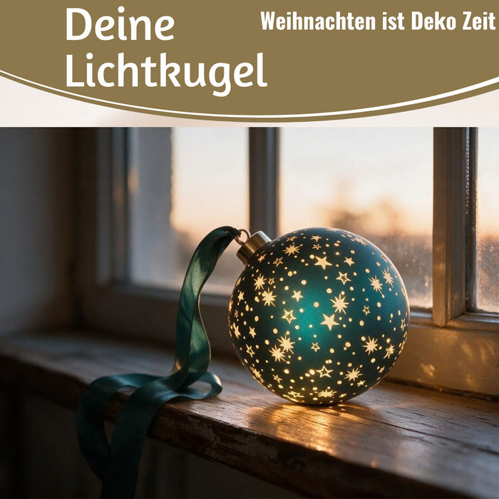 KI-generiertes Bild,XL Deko Glas Lichtkugel 15LED 15cm Herz Petrol Gold Sterne Timer Batterie Anhängen