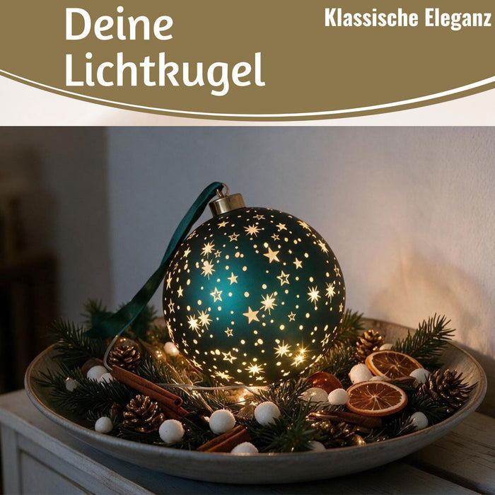 KI-generiertes Bild,XL Deko Glas Lichtkugel 15LED 15cm Herz Petrol Gold Sterne Timer Batterie Anhängen