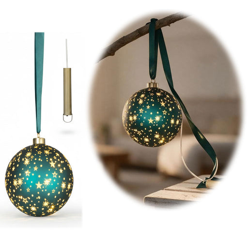 KI-generiertes Bild Deko Glas Lichtkugel 15LED 14cm Kugel Petrol Gold Glaskugel Timer Batterie Anhängen