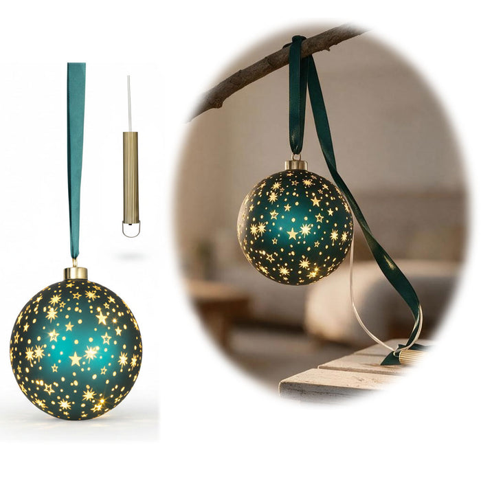 KI-generiertes Bild Deko Glas Lichtkugel 15LED 14cm Kugel Petrol Gold Glaskugel Timer Batterie Anhängen
