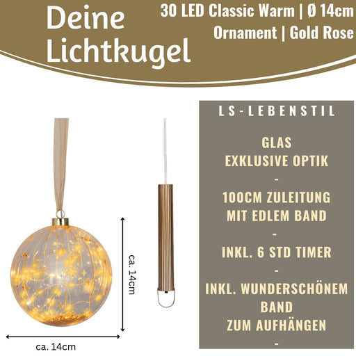 KI-generiertes Bild,XL Deko Glas Lichtkugel 30LED 14cm Gold Rose Glaskugel Timer Batterie Anhängen