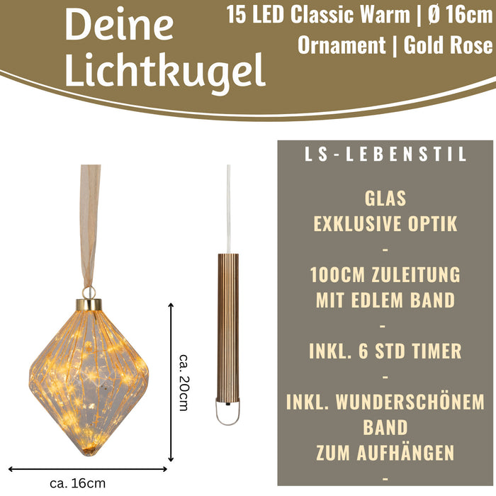 KI-generiertes Bild,XL Deko Glas Lichtkugel 30LED 14cm Gold Rose Glaskugel Timer Batterie Anhängen
