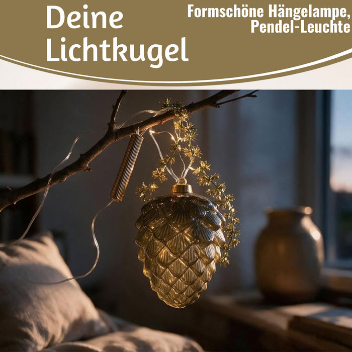 KI-generiertes Bild,XL Deko Glas Licht-Kugel Zapfen 15 LED 20cm Timer Batterie-Fach Gold zum Anhängen