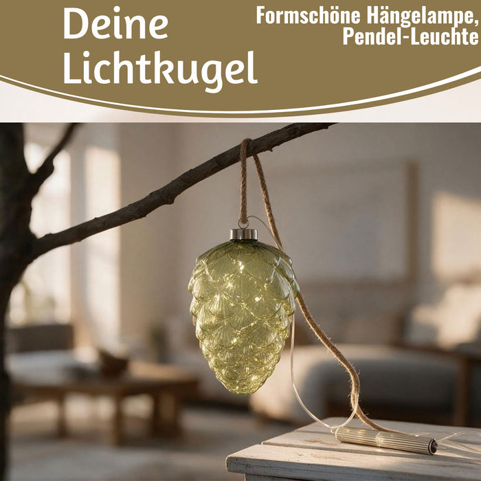 KI-generiertes Bild,XL Deko Glas Lichtkugel 15LED 15cm Zapfen  Grün Silber Glaskugel Timer Batterie Anhängen