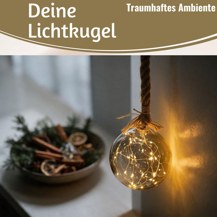 KI-generiertes Bild,XL LED Deko Glas Licht-Kugel 14cm Hanf-Tau Timer WarmWeiß Batterie Sisal-Seil