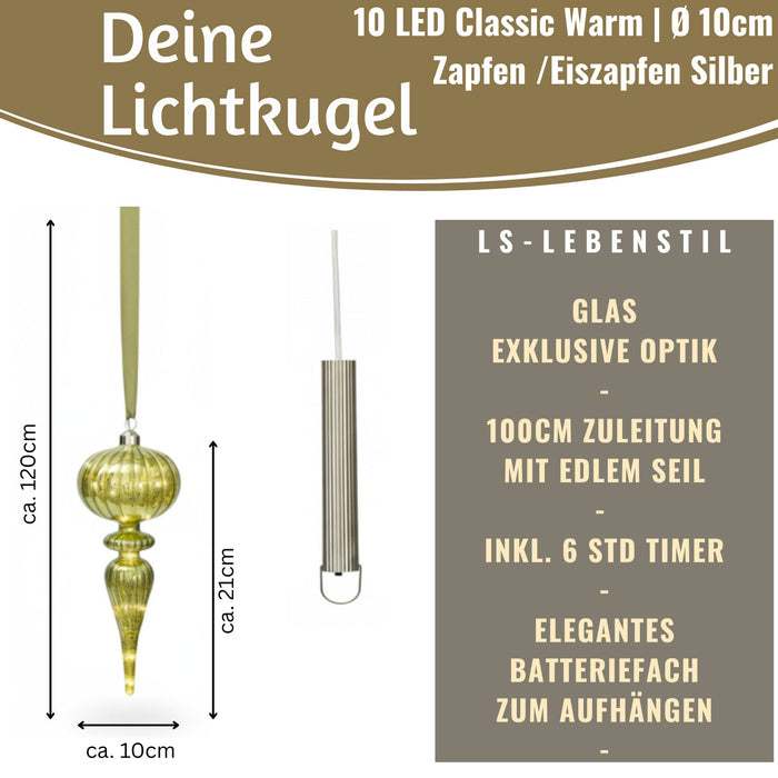 KI-generiertes Bild,XL Deko Glas Lichtkugel 10 LED 27cm Zapfen Silber Glaskugel Timer Batterie Anhängen