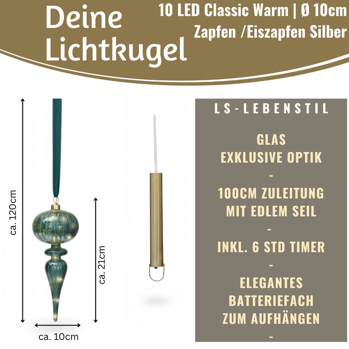 KI-generiertes Bild,XL Deko Glas Lichtkugel 10 LED 27cm Zapfen Silber Glaskugel Timer Batterie Anhängen