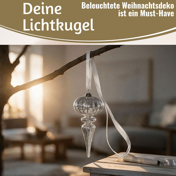 KI-generiertes Bild,XL Deko Glas Lichtkugel 10 LED 27cm Zapfen Silber Glaskugel Timer Batterie Anhängen