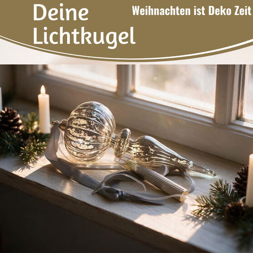 KI-generiertes Bild,XL Deko Glas Lichtkugel 10 LED 27cm Zapfen Silber Glaskugel Timer Batterie Anhängen