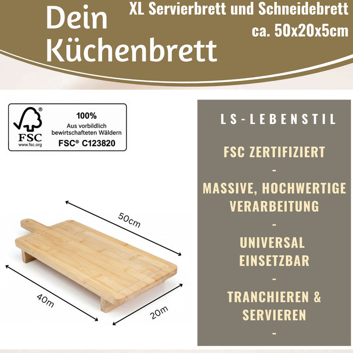 KI-generiertes Bild,XL Holz Schneidebrett 50cm auf Füßen Bambus Saftrille Serviertablett Vesperbrett